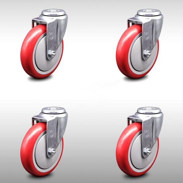 5 Inch SS Red Polyurethane Wheel Swivel Bolt Hole Caster Set